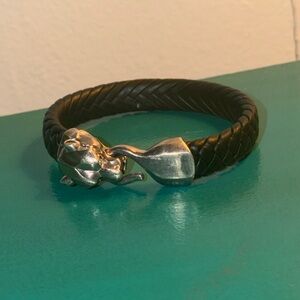 Men’s Effy Sterling Silver Panther Head Black Leather Bracelet
